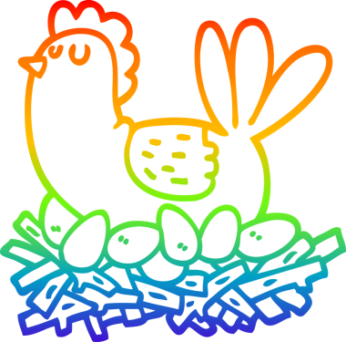 Gökkuşağı gradyan çizgi çizimi bir insan tarafından çizilmiş yumurta yuvasında bir tavuk çizgi