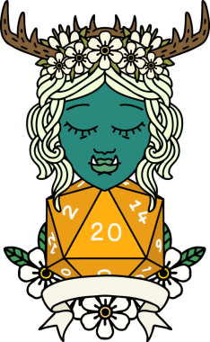 Retro Dövme Biçimli Ork karakteri bir insan tarafından çizilmiş 20 zar ile