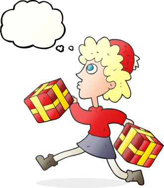 Serbest çizilmiş düşünce balonu çizgi filmi koşu kadını bir insan tarafından çizilmiş hediyelerle