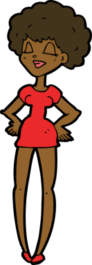 Bir insan tarafından çizilmiş elleri kalçasında mutlu bir kadın çizgi filmi.