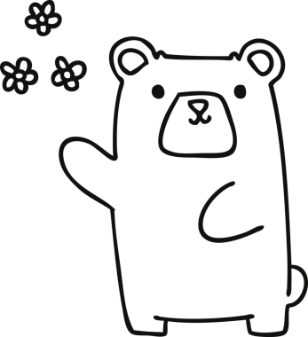 Bir insan tarafından çizilmiş garip çizgi film ayısı ve çiçekler.