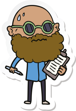 Çizgi film çıkartması sakallı ve güneş gözlüklü endişeli bir adam bir insan tarafından inceleniyor.