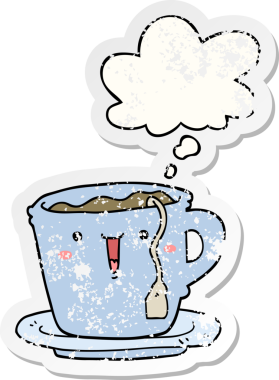 Bir insan tarafından çizilmiş yıpranmış bir çıkartma gibi düşünce kabarcığı olan sevimli bir çizgi film fincanı ve fincan tabağı.