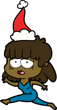 Bir insan tarafından çizilmiş Noel Baba şapkası giyen yorgun bir kadının el çizimi.