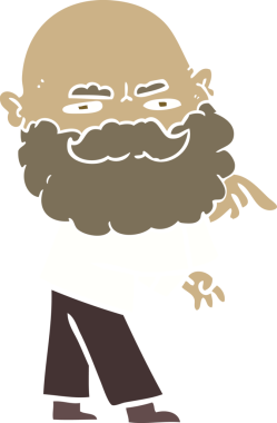 Düz renkli çizgi film karakteri sakallı, kaşlarını çatmış ve bir insan tarafından çizilmiş.