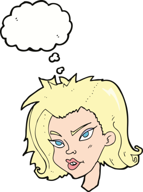 Bir insan tarafından çizilmiş düşünce baloncuklu kadın yüzü.