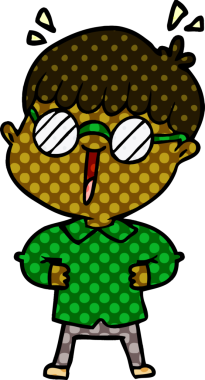 Bir insan tarafından çizilmiş gözlük takan çizgi film çocuğu.