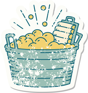 Dövme stili eski bir çıkartma eski bir çamaşır tahtası ve bir insan tarafından çizilmiş fırçalama kabı.