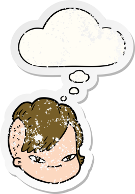 Düşünce baloncuklu karikatür kadın yüzü bir insan tarafından çizilmiş yıpranmış bir çıkartma gibi.