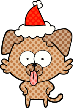 Bir insan tarafından çizilmiş Noel Baba şapkası giymiş bir köpeğin el çizimi çizgi roman tasviri.