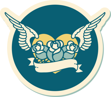 Geleneksel bir dövme stili. Uçan kalp. Çiçekler ve bir insan tarafından çizilmiş bayrak.