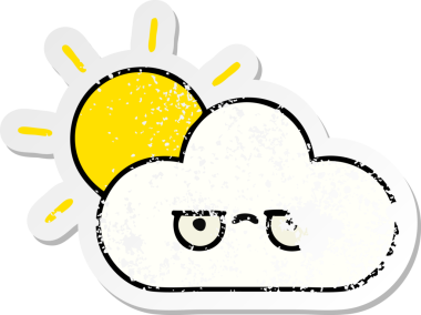 Tatlı bir çizgi film güneşinin sıkıntılı çıkartması ve bir insan tarafından çizilmiş bulut.