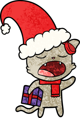 Bir insan tarafından çizilmiş Noel hediyeli çizgi film kedisi.