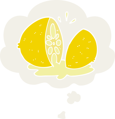 Çizgi film, insan tarafından çizilmiş düşünce baloncuğuyla limon kesti.