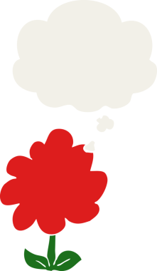 Düşünce baloncuğu olan karikatür çiçeği insan tarafından çizilmiş.