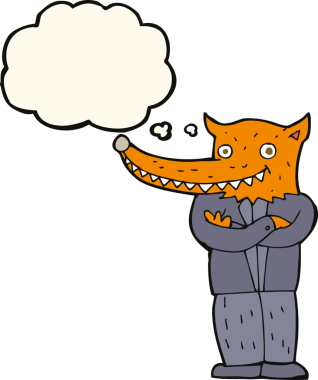 Bir insan tarafından çizilmiş düşünce balonlu tilki adam.