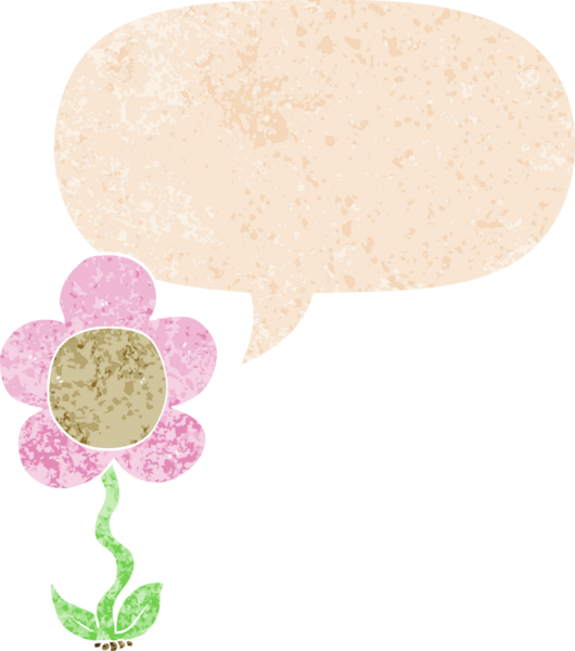 Bir insan tarafından çizilmiş grunge dertli retro biçimli konuşma baloncuklu karikatür çiçeği