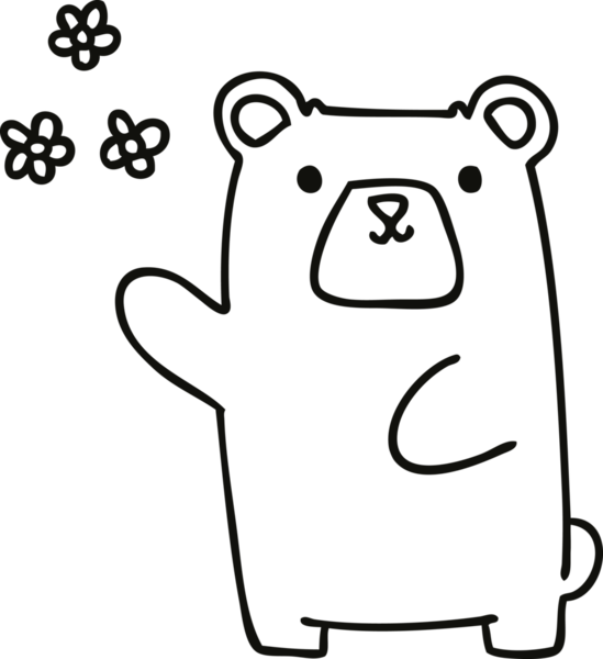 Bir insan tarafından çizilmiş garip çizgi film ayısı ve çiçekler.