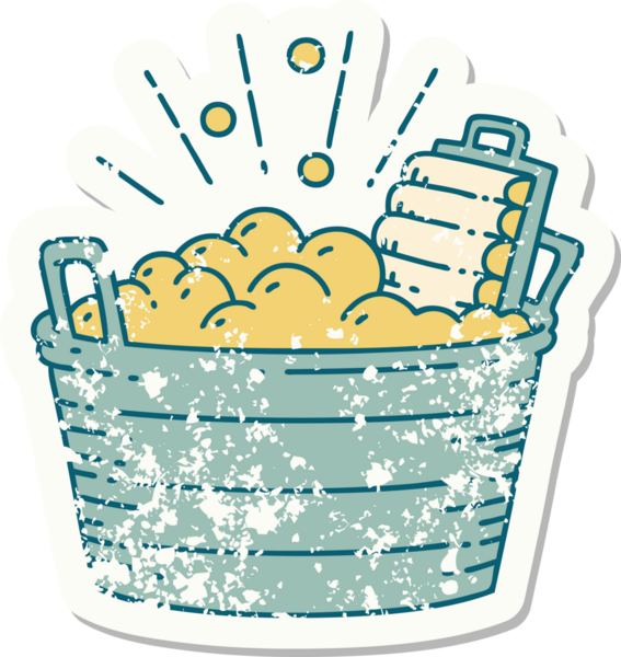 Dövme stili eski bir çıkartma eski bir çamaşır tahtası ve bir insan tarafından çizilmiş fırçalama kabı.