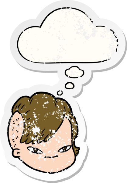 Düşünce baloncuklu karikatür kadın yüzü bir insan tarafından çizilmiş yıpranmış bir çıkartma gibi.