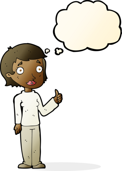 Bir insan tarafından çizilmiş düşünce baloncuğuyla baş parmağıyla işaret veren çizgi film kadını.