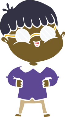 Bir insan tarafından çizilmiş gözlük takan düz renkli çizgi film çocuğu.