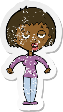 Bir insan tarafından çizilmiş omuzlarını silken karikatürlü bir kadının gerilmiş çıkartması.