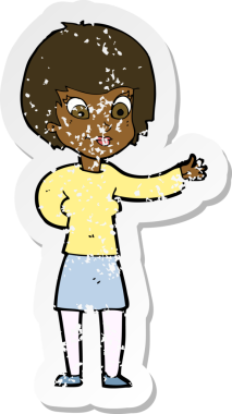 Bir insan tarafından çizilmiş bir karikatür karşılama kadınının sıkıntılı retro yapıştırması.