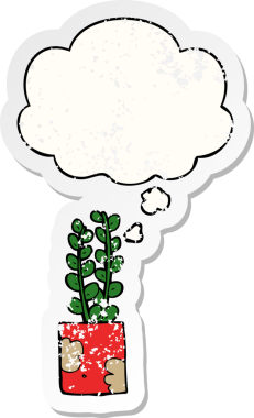 Düşünce baloncuğu olan karikatür bitkisi insan tarafından çizilmiş yıpranmış bir çıkartma.