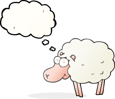 Bir insan tarafından çizilmiş komik baloncuklu düşünce balonu koyunu.