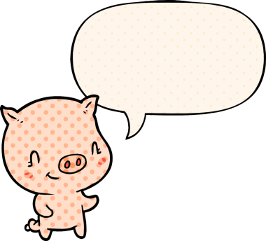 Bir insan tarafından çizilmiş çizgi roman tarzında konuşma balonu olan şirin bir domuz.