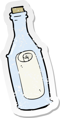 Şişede bir insan tarafından çizilmiş karikatür mesajının gerilimli retro yapıştırması.