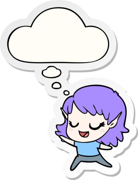 Mutlu karton elf kızı bir insan tarafından çizilmiş bir çıkartma gibi düşünce balonuyla dans ediyor.