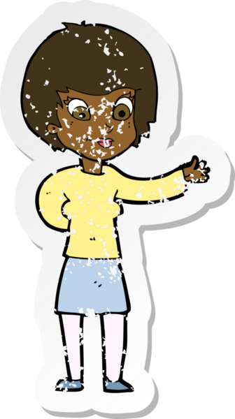 Bir insan tarafından çizilmiş bir karikatür karşılama kadınının sıkıntılı retro yapıştırması.