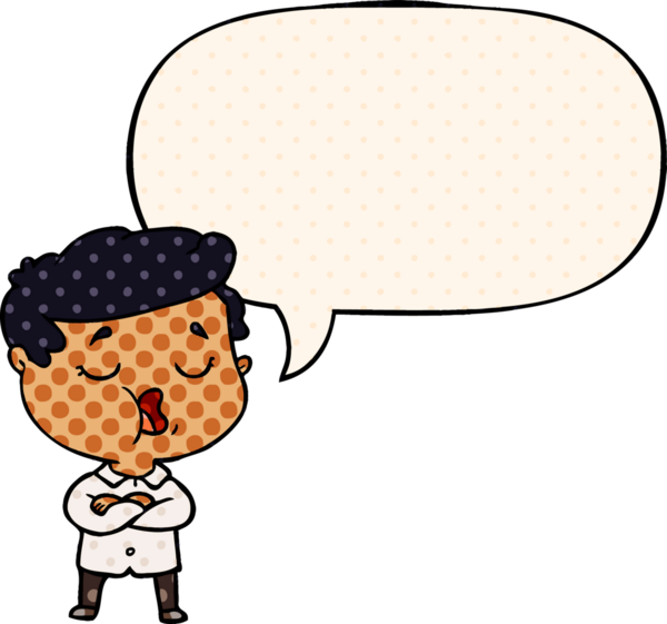 Bir insan tarafından çizilmiş çizgi roman tarzında konuşan bir karikatür adamı.