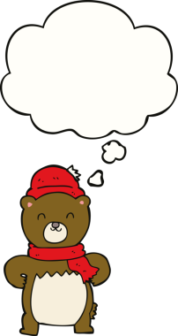 Bir insan tarafından çizilmiş düşünce baloncuğu olan sevimli çizgi film ayısı.