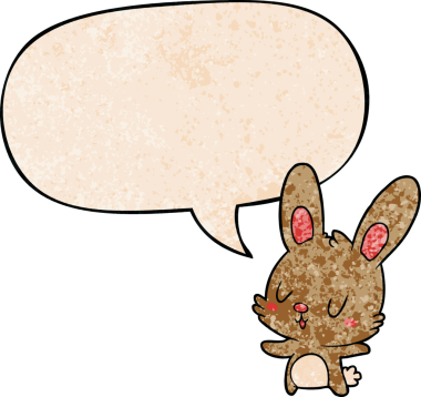 Konuşma baloncuğu olan sevimli çizgi film tavşanı insan tarafından çizilmiş.