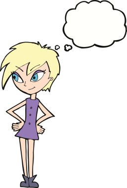 Bir insan tarafından çizilmiş düşünce baloncuğu olan elleri kalçasında çizgi film kızı.