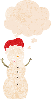 Düşünce baloncuğu ve grunge ile kardan adam çizgi film insan tarafından çizilmiş tedirgin retro tarzı