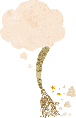 Düşünce baloncuğu ile çizgi film sihirli süpürgesi grunge sıkıntılı retro stil bir insan tarafından çizilmiş