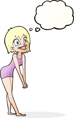 Bir insan tarafından çizilmiş düşünce baloncuğu olan heyecanlı bir kadın.