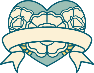 İkonik dövme stili bir kalp ve bir insan tarafından çizilmiş çiçekli pankart.