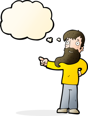 Bir insan tarafından çizilmiş düşünce baloncuğuyla işaret eden sakallı bir çizgi film adamı.