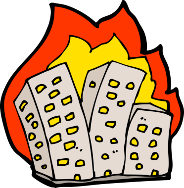 Bir insan tarafından çizilmiş yanan binalar.