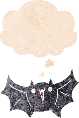 Düşünce baloncuklu çizgi film mutlu vampir yarasa grunge sıkıntılı retro tarzı bir insan tarafından çizilmiş