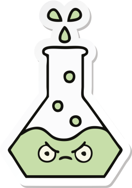 Bir insan tarafından çizilmiş sevimli bir karikatür bilim şişesinin etiketi.