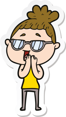 Bir insan tarafından çizilmiş gözlüklü mutlu bir kadının çıkartması.