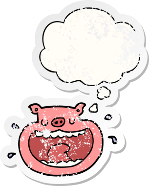 Düşünce baloncuğu olan iğrenç bir çizgi film karakteri insan tarafından çizilmiş yıpranmış bir çıkartma.