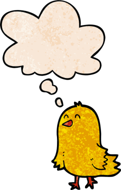 Bir insan tarafından çizilmiş grunge desenli düşünce baloncuklu çizgi film kuşu.