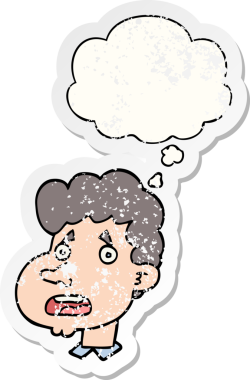 Bir insan tarafından çizilmiş yıpranmış bir çıkartma gibi düşünce balonuyla şok olmuş bir adam.